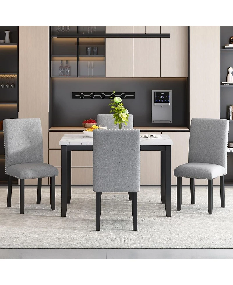 Maison Boucle 5-Piece Dining Set for 4 with Faux Marble Tabletop and Upholstered Chairs, Elegant Table Kitchen or Room-Maison