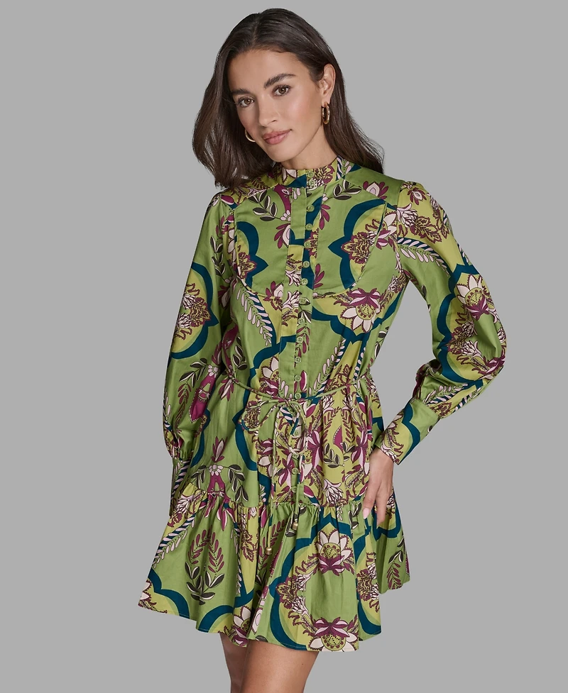 Bcbg Women's Floral Button-Down Mini Dress with Tiered Skirt And Waist Tie