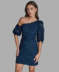 Bcbg Women's Lace One-Shoulder Textured Puff Sleeve Mini Dress