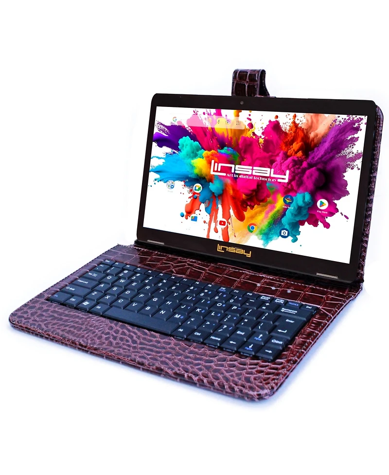 Linsay New 10.1" Tablet Octa Core 128GB Android 14 and Exclusive Luxury Brown Crocodile Keyboard case
