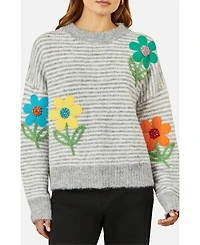 Yumi Women's Striped Relaxed Fit Jumper With Flowers
