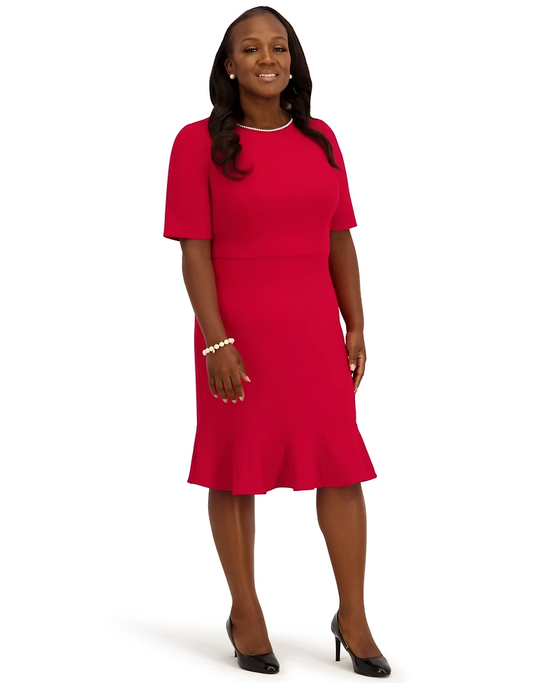 Kasper Women's Round Neck Knee Length Ruffle Skirt Dress, Regular and Plus