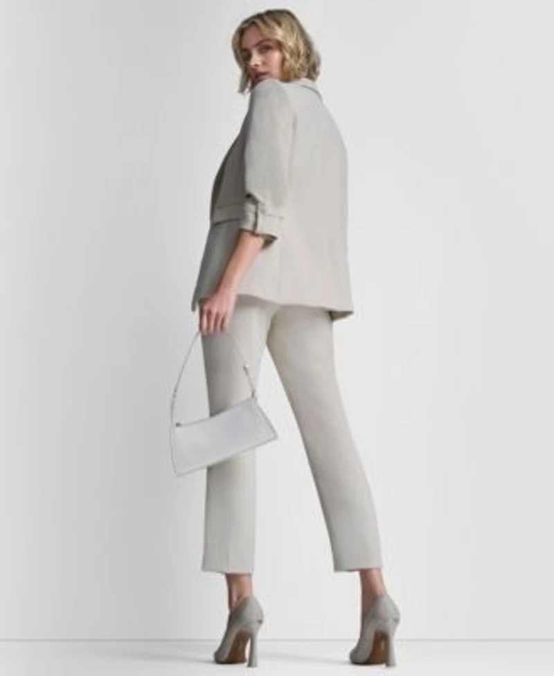 Dkny Womens Notch Collar Ruched Sleeve Jacket Charm Detailed Ankle Length Pants Collared Button Up Blouse