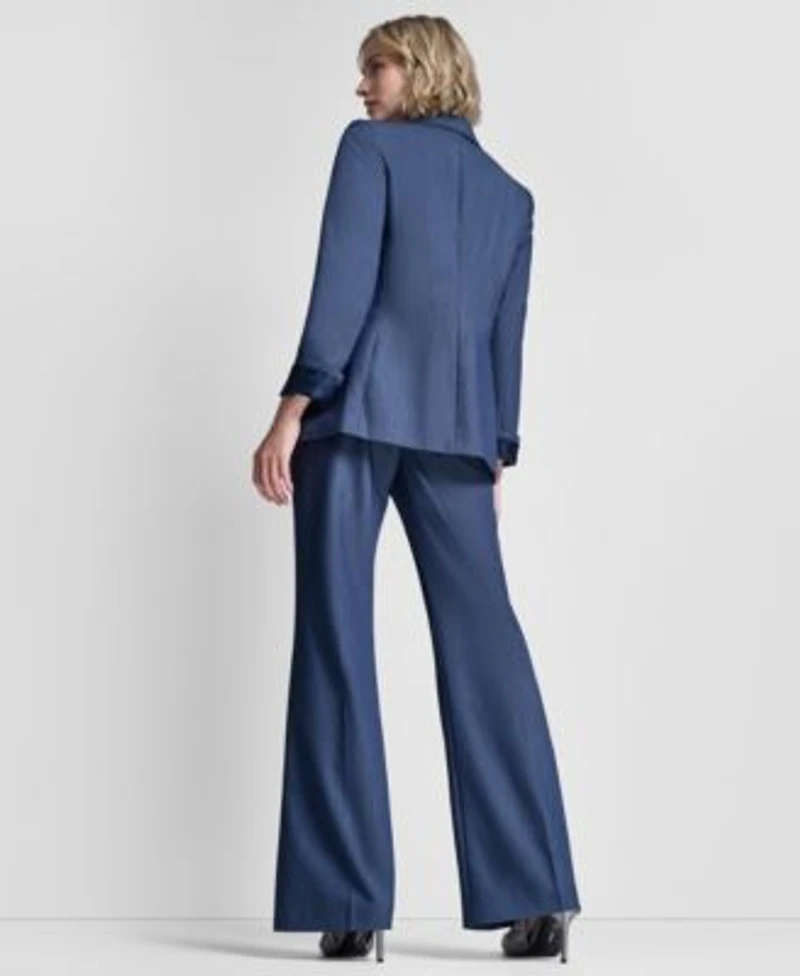 Dkny Womens Double Breasted Notch Collar Jacket Pintuck Fit Flare Pants Crewneck Long Sleeve Top