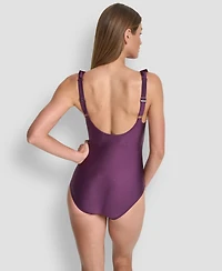 Dkny Ruffle Plunge Underwire Tummy Control One-Piece Swimsuit, Created for Macy's