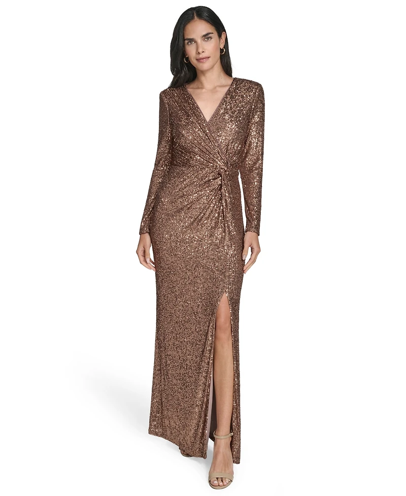 Jessica Howard Petite Twist Front Long-Sleeve Gown