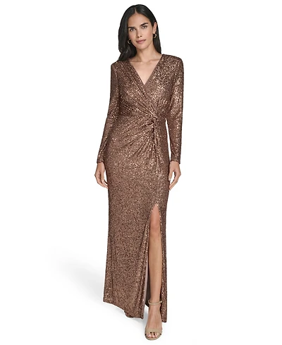 Jessica Howard Petite Twist Front Long-Sleeve Gown