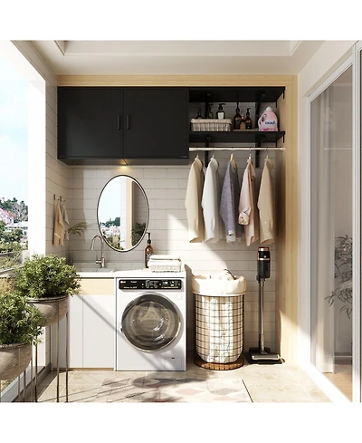 Aheaplus Laundry Room Organizer Cabinet with Hanging Rods