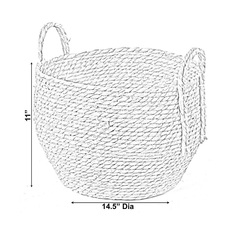 Wickerwise Decorative Round Wicker Woven Rope Storage Blanket Basket with Braided Handles