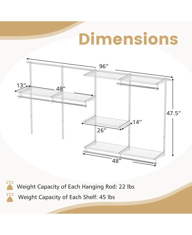 Costway 4-8 Ft Wall-Mounted Closet Organizers and Storage System with Hanging Rod