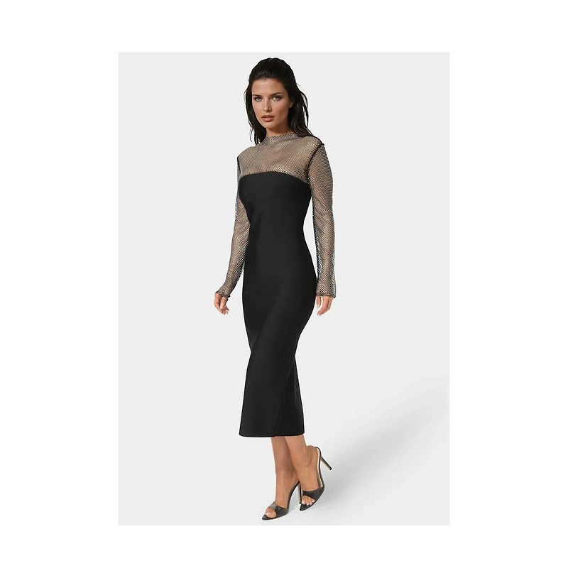 Bebe Women's Long Sleeve Midi Dress With Crystal Mesh Combo