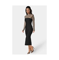 Bebe Women's Long Sleeve Midi Dress With Crystal Mesh Combo