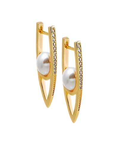 by Adina Eden Pave Gold Plated Cultivated Pearl Huggie Earrings