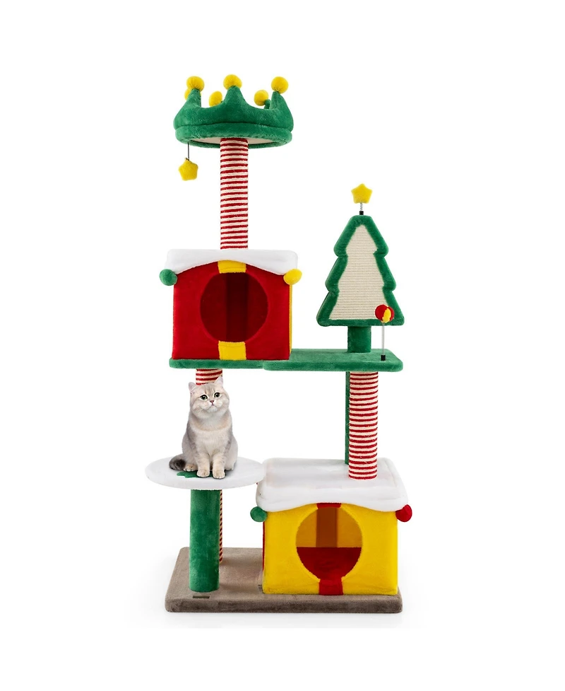 Skonyon 61" Christmas Cat Tree Tower – Plush Multi-Level Indoor Cat Furniture with Gift Box Condos, Hat Perch, Sisal Scratching Posts & Toys