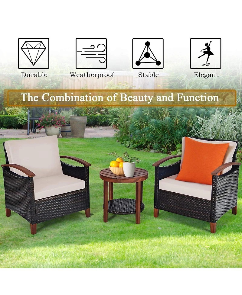 Sugift 3 Pieces Patio Wicker Furniture Set with Washable Cushion and Acacia Wood Tabletop