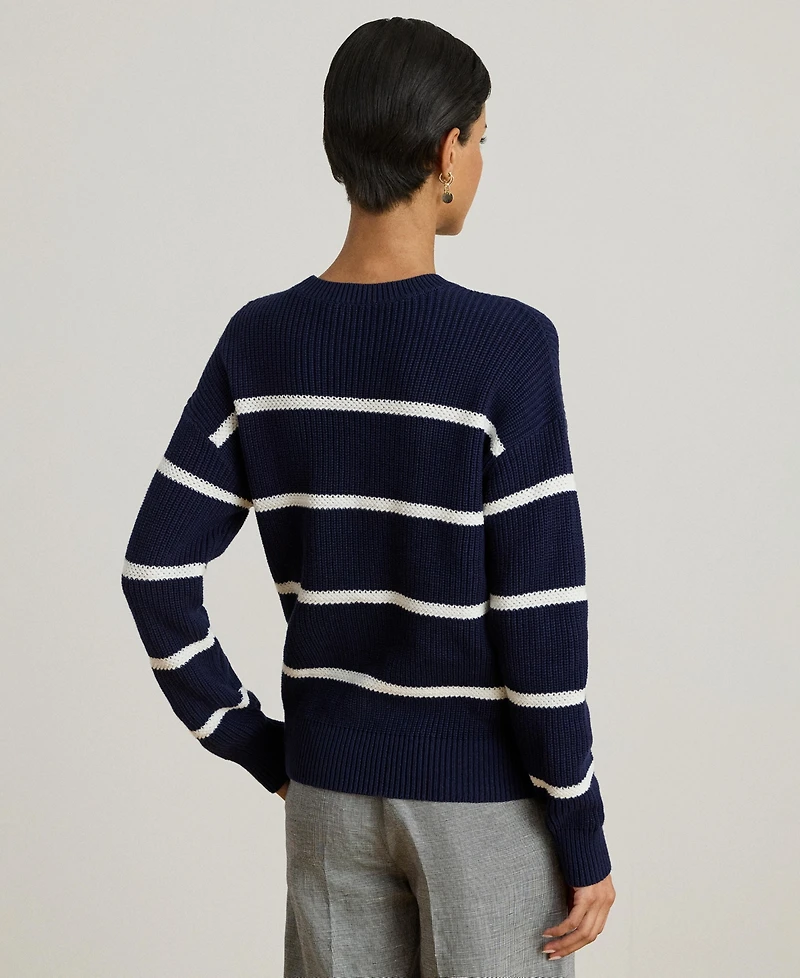 Lauren Ralph Women's Striped Rib-Knit Cotton Crewneck Sweater