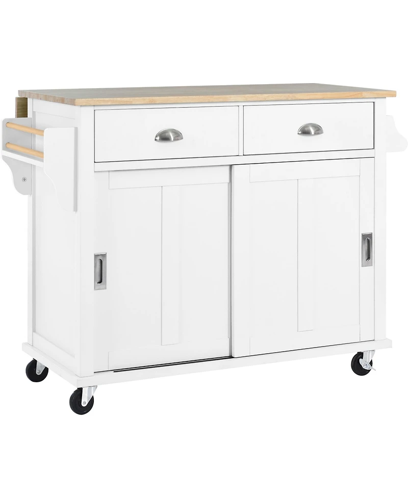 Casainc Kitchen Cart with Drop Leaf, Sliding Barn Door, Adjustable Height, Rolling Island Cabinet with Rubber Wood & 2 Drawers"