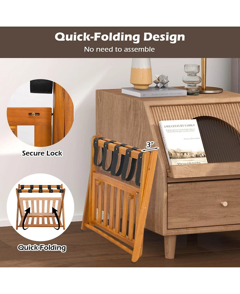 Costway-Folding Luggage Racks Set of 2 with Storage Shelf & 5 Nylon Straps Luggage Holder