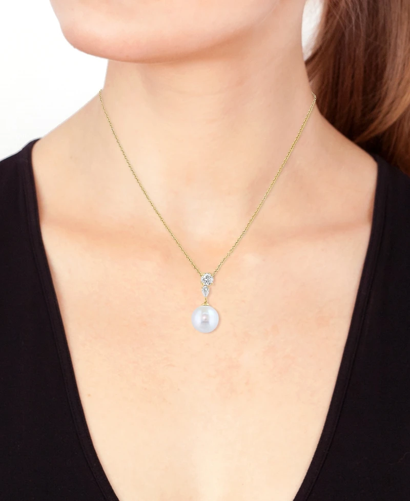Effy Collection Freshwater Pearl (11mm) and Lab-Grown White Diamond (5/8 ct. t.w.) Pendant Necklace in 14k Yellow Gold
