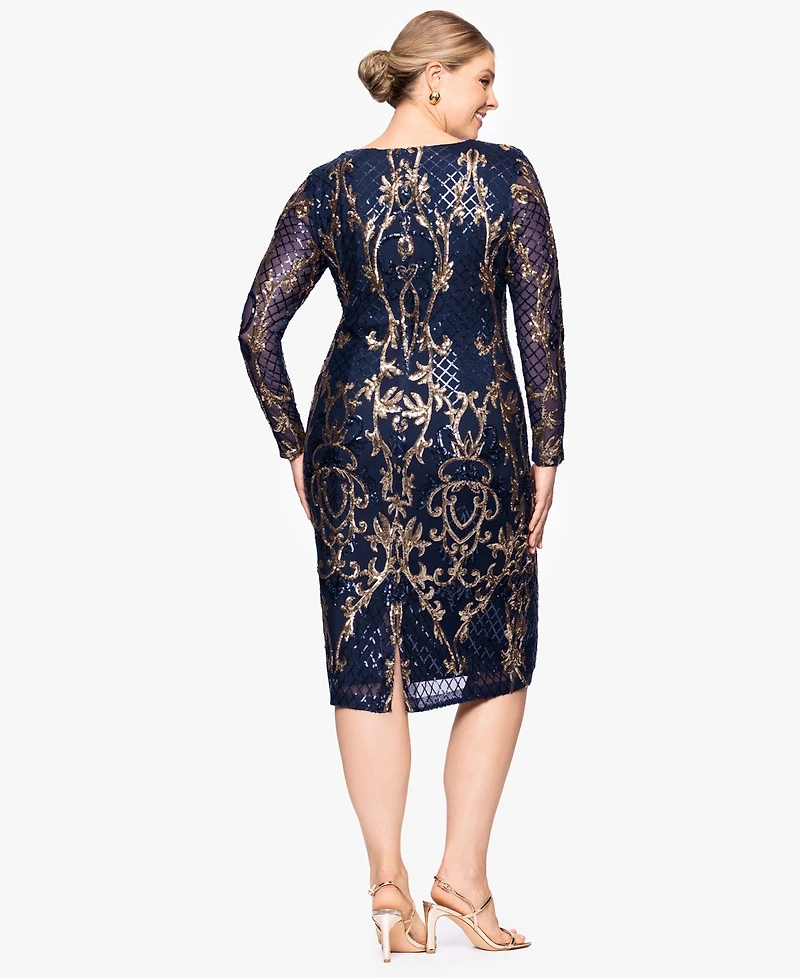 B&A By Betsy and Adam Plus Size Sequin Long-Sleeve Midi Dress