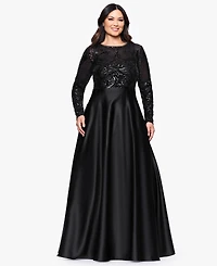 Betsy & Adam Plus Sequin Long-Sleeve Ball Gown