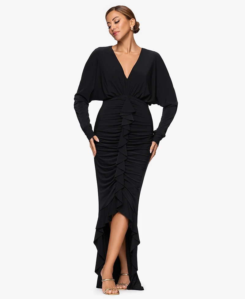 Xscape Women's V-Neck Ruched Asymmetrical Hemline Long Dress