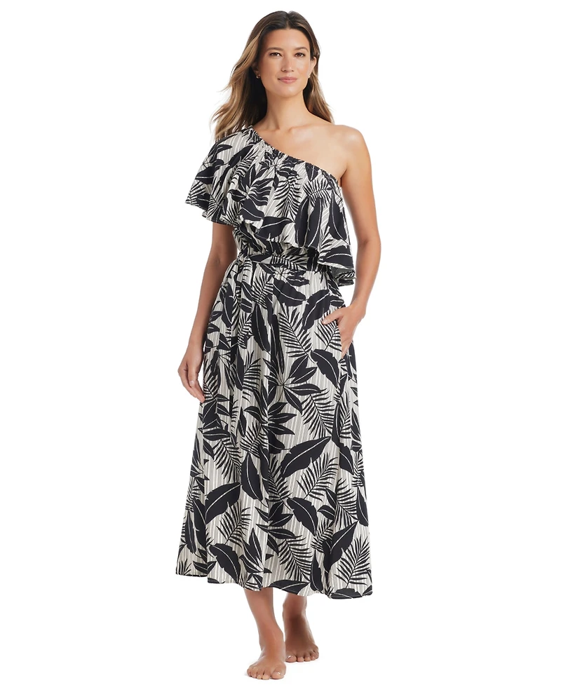 Bleu by Rod Beattie Women's Island Time One-Shoulder Ruffled Midi Dress