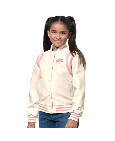 Starter Girls Cream/Pink New York Knicks Underdog Leather Varsity Jacket