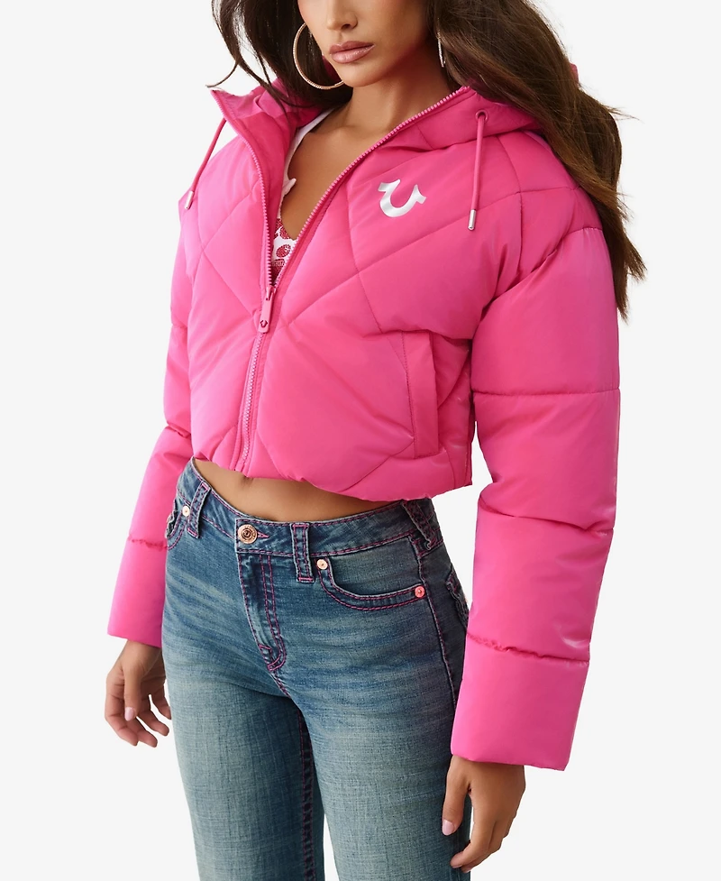 True Religion Women's High Shine Foil Hooded Puffer Jacket