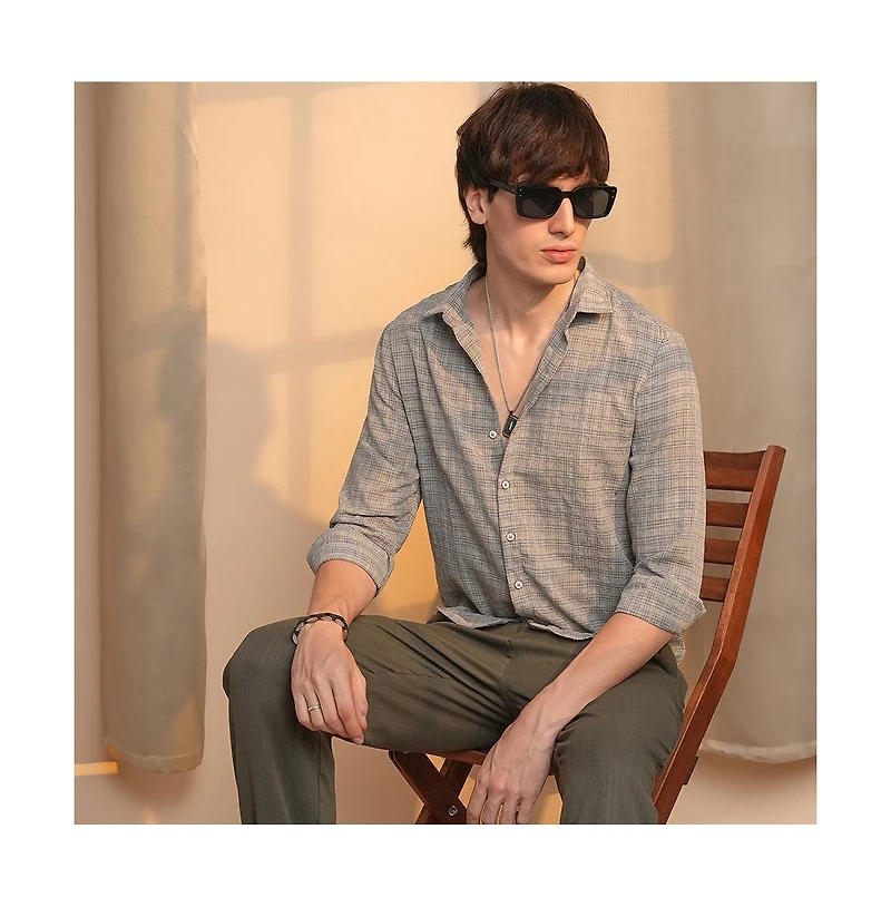 Campus Sutra Men's Ash Grey Micro-Tartan Plaid Shirt