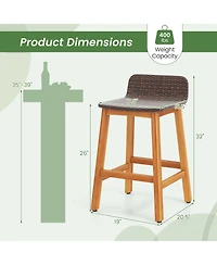 Gymax Solid Acacia Wood Bar Stools Set of Rattan Bar Height Patio Chairs for Porch
