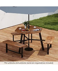 Gymax 6 Person Acacia Wood Picnic Table Bench Set w/3 Seats Umbrella Hole Metal Frame
