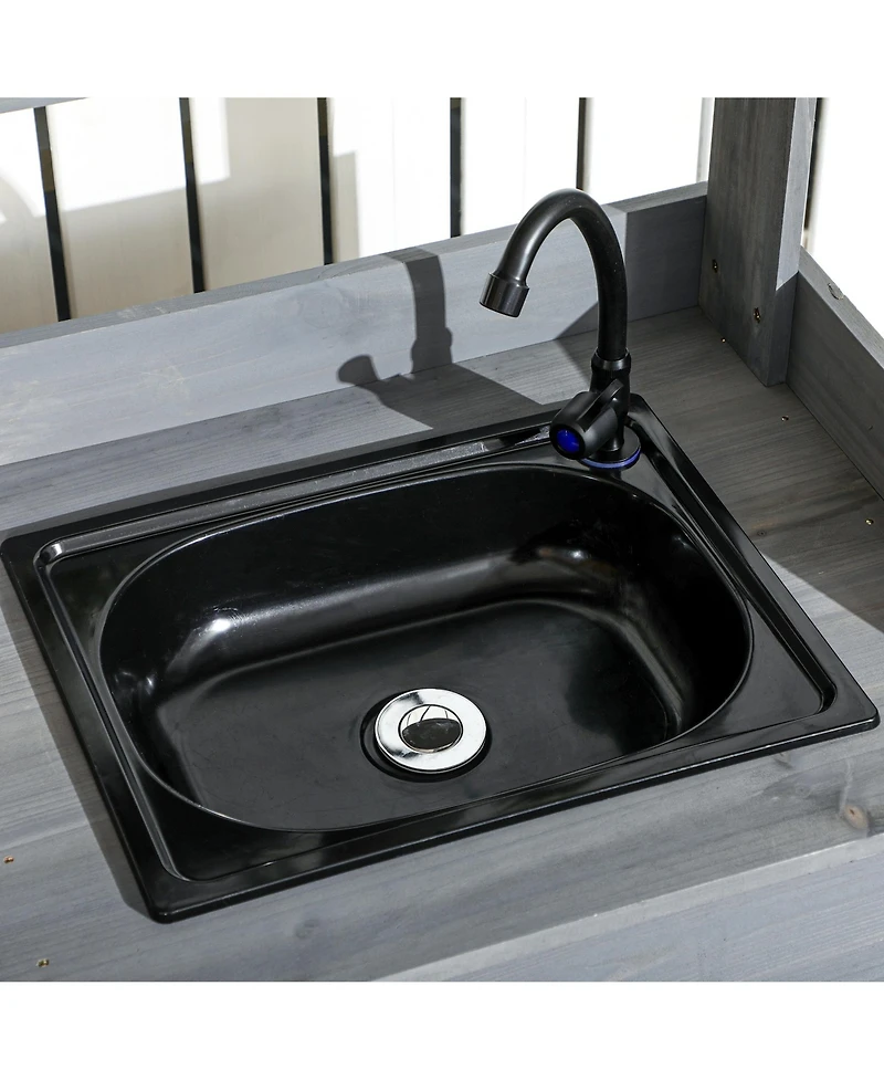 Outsunny Potting Bench Table, Includes Removable Outdoor Sink Station with Hose Hook Up, Wooden Work Station with Faucet, Drawer, Shelves, Hooks, Gray