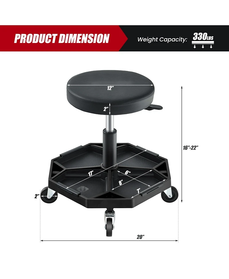 Sugift 330 Lbs Capacity Pneumatic Rolling Mechanic Stool with Padded Seat