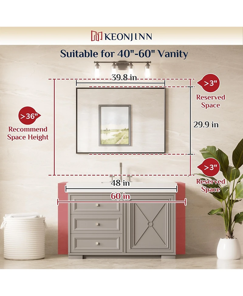 Keonjinn 40x30 Inch Brushed Gold Bathroom Vanity Mirror Metal Framed Over Sink Wall Mirror Horizontal/Vertical