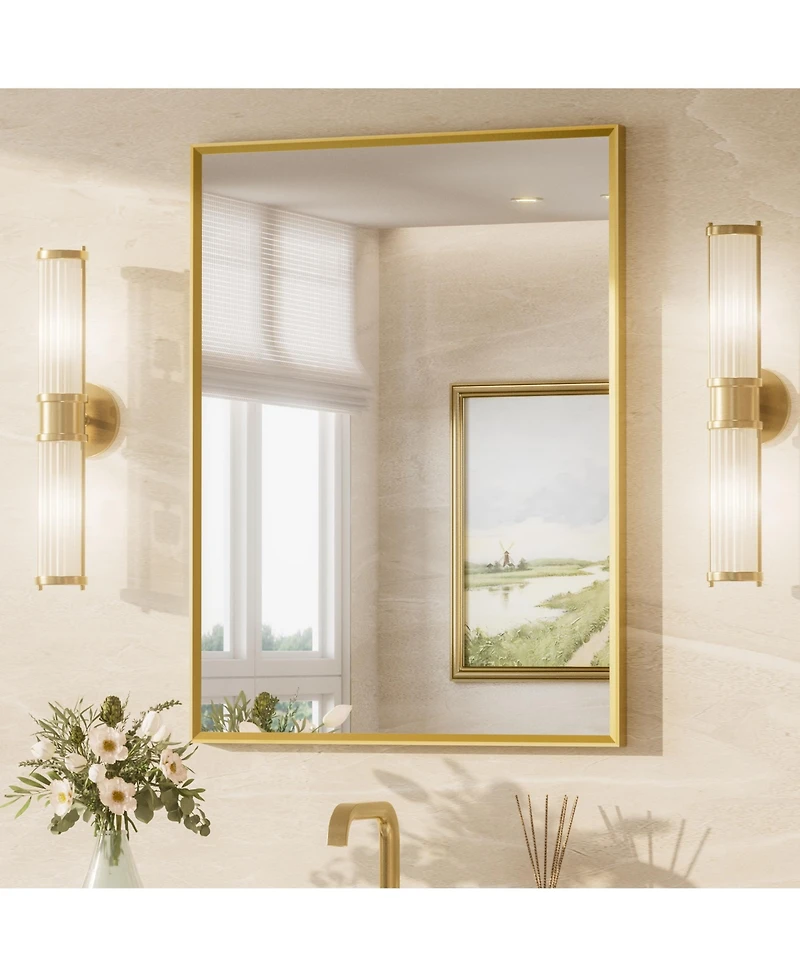 Keonjinn 24x32 Inch Brushed Gold Bathroom Vanity Mirror Metal Framed Over Sink Wall Mirror Horizontal/Vertical