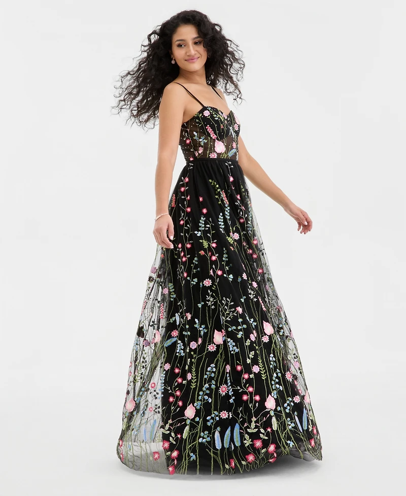 City Studios Juniors' Floral Embroidered Mesh Gown, Created for Macy's