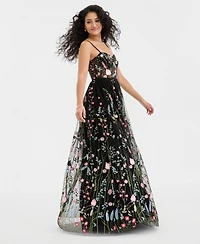 City Studios Juniors' Floral Embroidered Mesh Gown, Created for Macy's