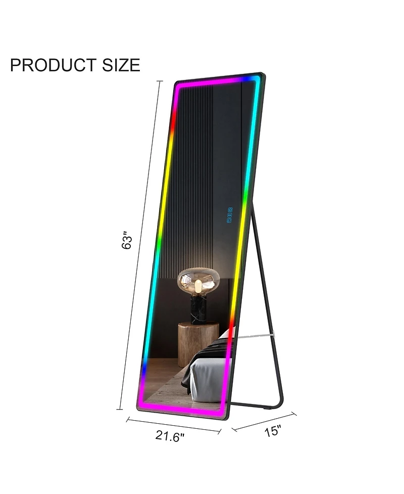 Vlsrka Wall-mounted or freestanding rectangular full-length mirror with adjustable Rgb lighting.