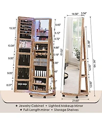Vlsrka A 360° swivel standing jewelry mirror cabinet with storage shelves, full-length mirror, and Led lights.