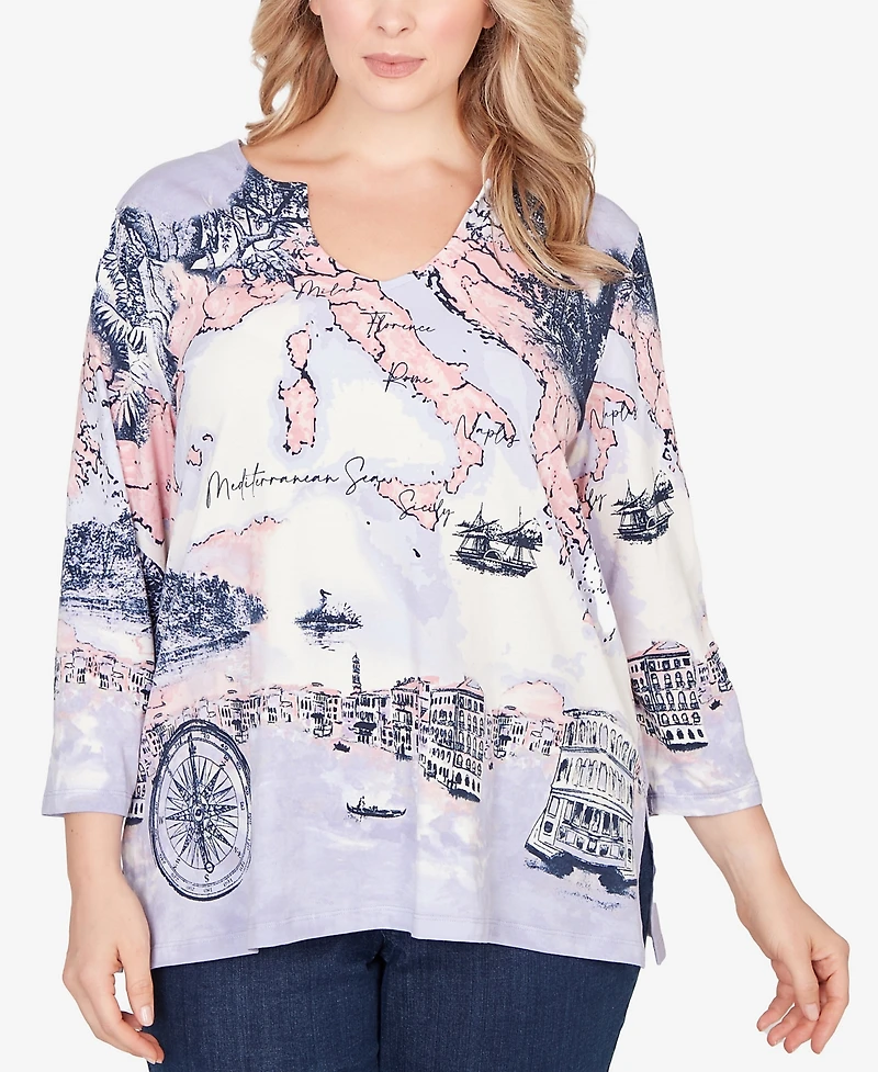 Ruby Rd. Plus Mediterranean Scenic Print Cotton Top