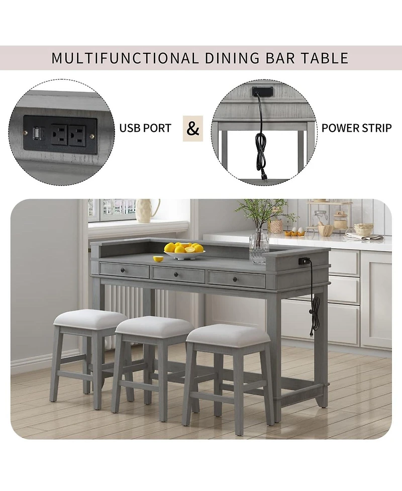 Maison Boucle 4-Piece Counter Height Dining Set with 3 Upholstered Stools, Storage Drawers & Usb Charging for Small Spaces
