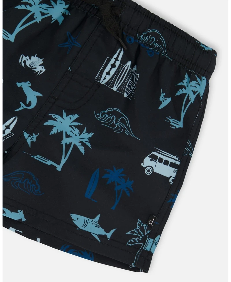 Boy Printed Swim Trunks Light Blue Beach On Black - Toddler|Child