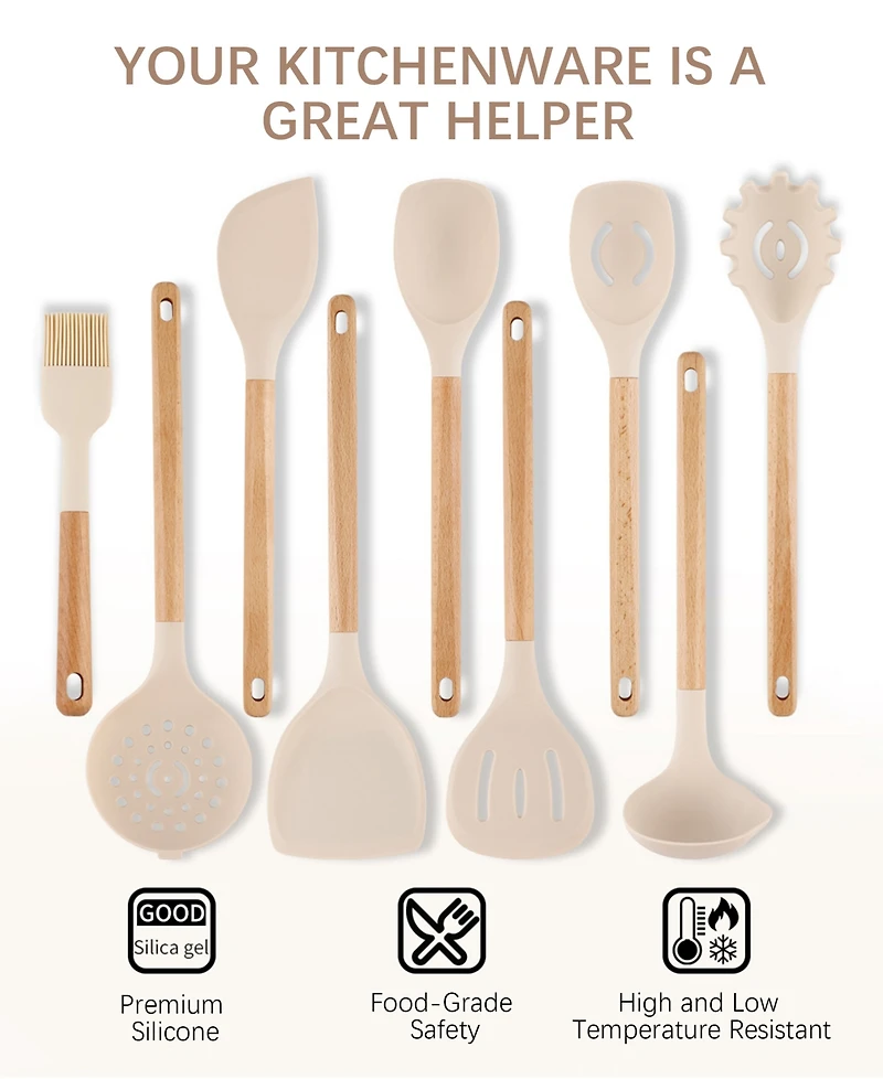 Sugift 9-Piece Natural Teak Wooden Kitchen Utensils Set