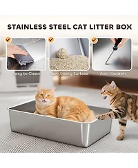 PawHut Xl Stainless Steel Litter Box with 100° Flip Top, Scoop, Step