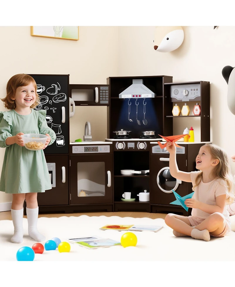 Skonyon Corner Wooden Play Kitchen Set with Lights, Sounds, and Accessories