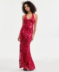 B Darlin Juniors' Sequined Halter-Neck Evening Gown, Created for Macy's