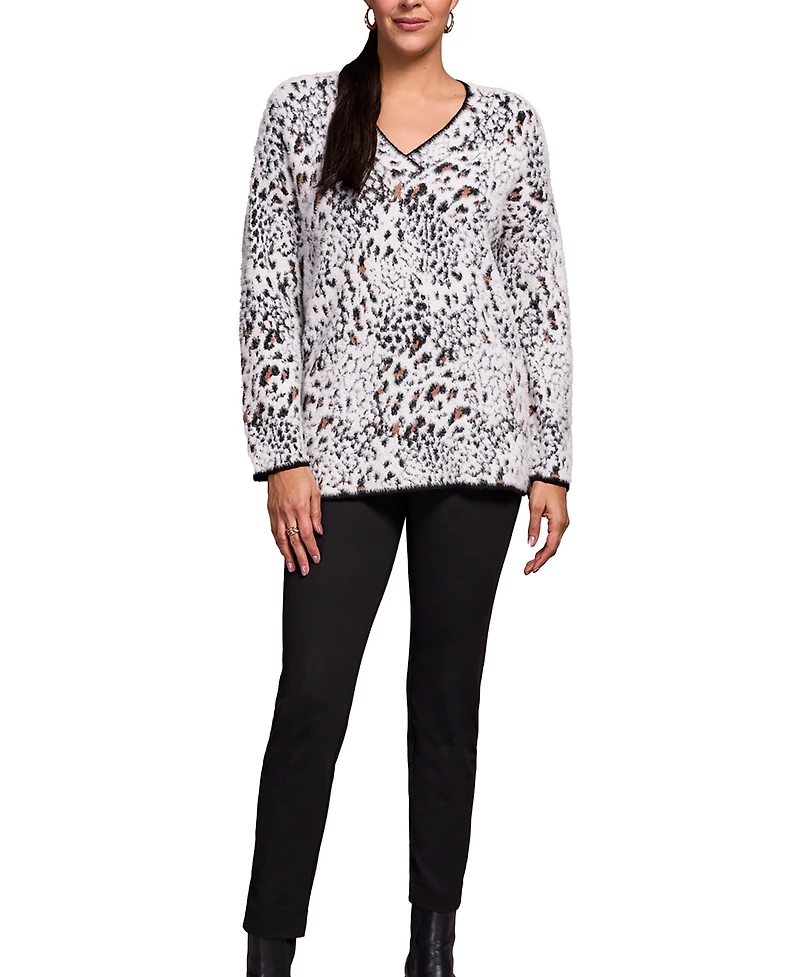 Tribal Women's Fuzzy Animal Print Long-Sleeve V-Neck Sweater