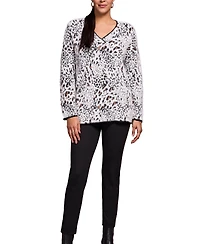 Tribal Women's Fuzzy Animal Print Long-Sleeve V-Neck Sweater