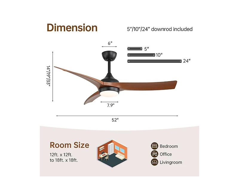 Sofucor 52-inch Modern Black Standard 3-Blade Ceiling Fan With Remote and Led Light